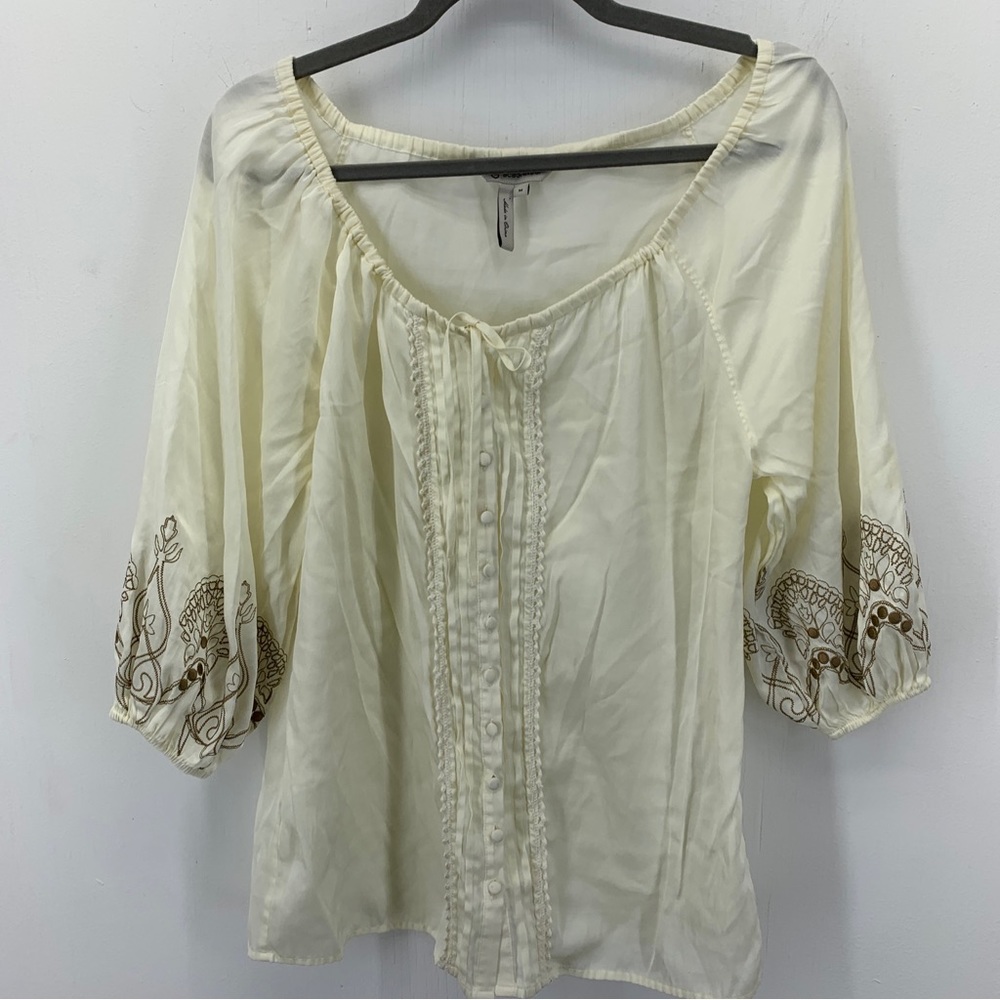 BCBGeneration Womens Medium Blouse Button Up Peasant Lace Embroidery Scoop Neck